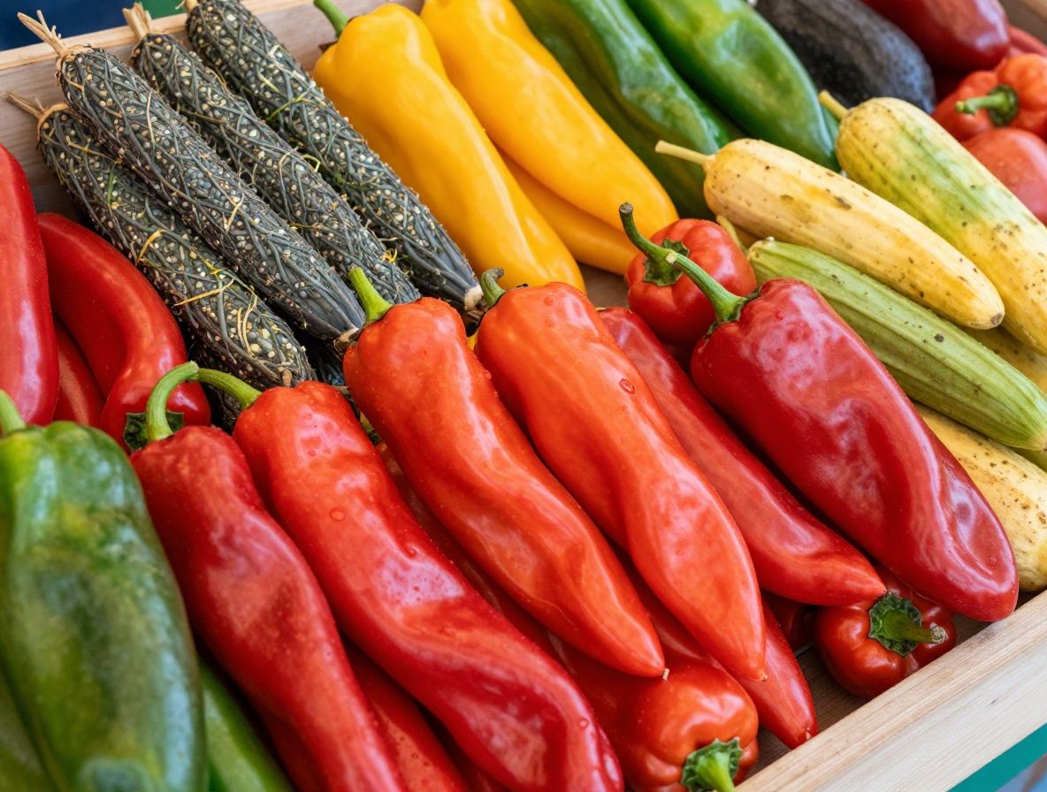 Świeże warzywa w koszyku — kolorowe papryki, pomidory, cukinia i bakłażan na targu rolniczym z naturalnym oświetleniem zewnętrznym
