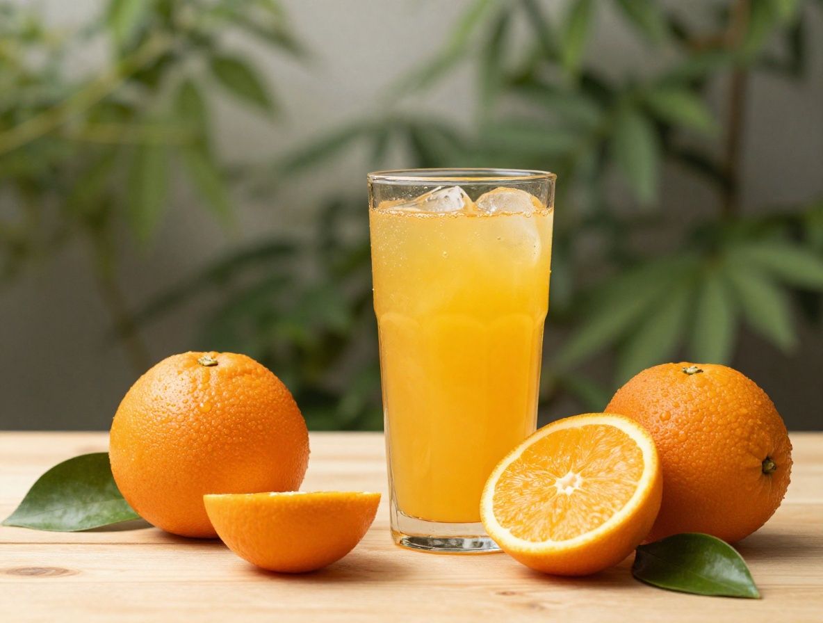 Szklanka świeżo wyciśniętego soku z pomarańczy z kawałkiem pomarańczy obok na drewnianej desce — naturalne oświetlenie dzienne podkreślające ciepłe kolory