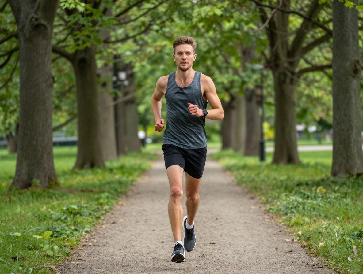 Mężczyzna w stroju sportowym biegnie rano po parku wśród zielonych drzew — aktywny styl życia, radość ruchu, naturalne środowisko miejskie