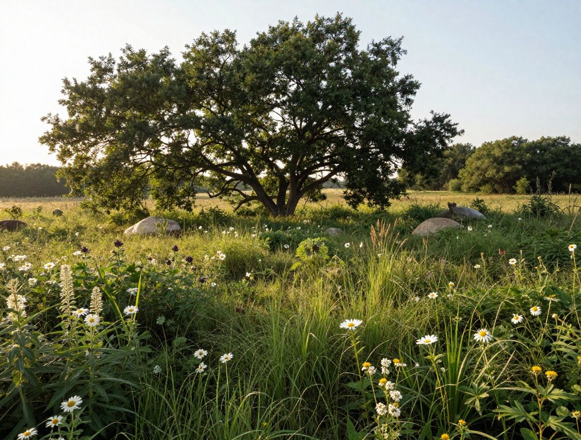Panoramiczny widok zielonej łąki z dziką roślinnością i polnymi kwiatami o poranku — spokojny naturalny krajobraz z miękkim mglistym światłem